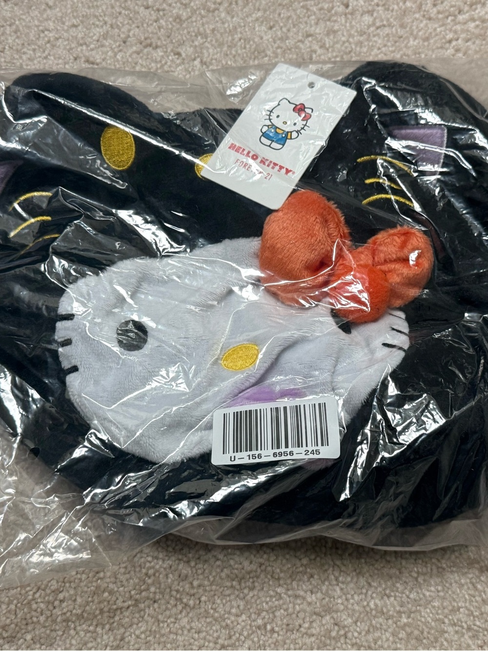 Hello Kitty Black Plush Mini Tote with Orange Bow and Lavender Accent - Picture 3 of 4